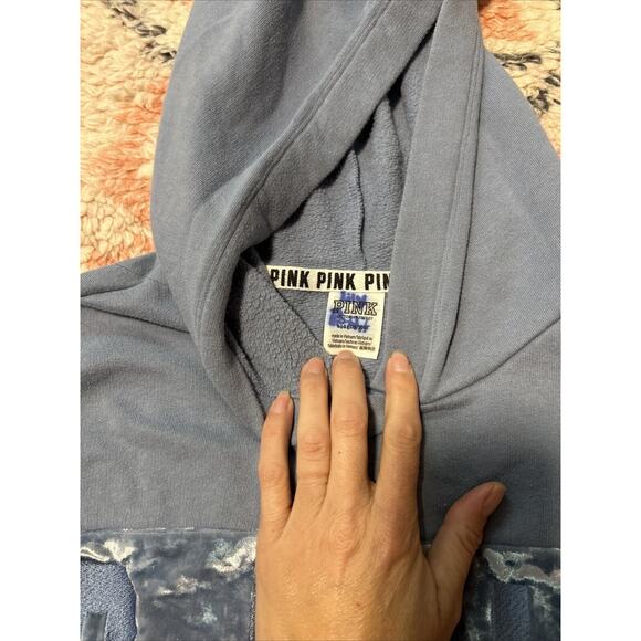 Victorias Secret PINK Cropped velvet Stripe Lace Up Sleeve Hoodie Blue Large - Picture 4 of 5